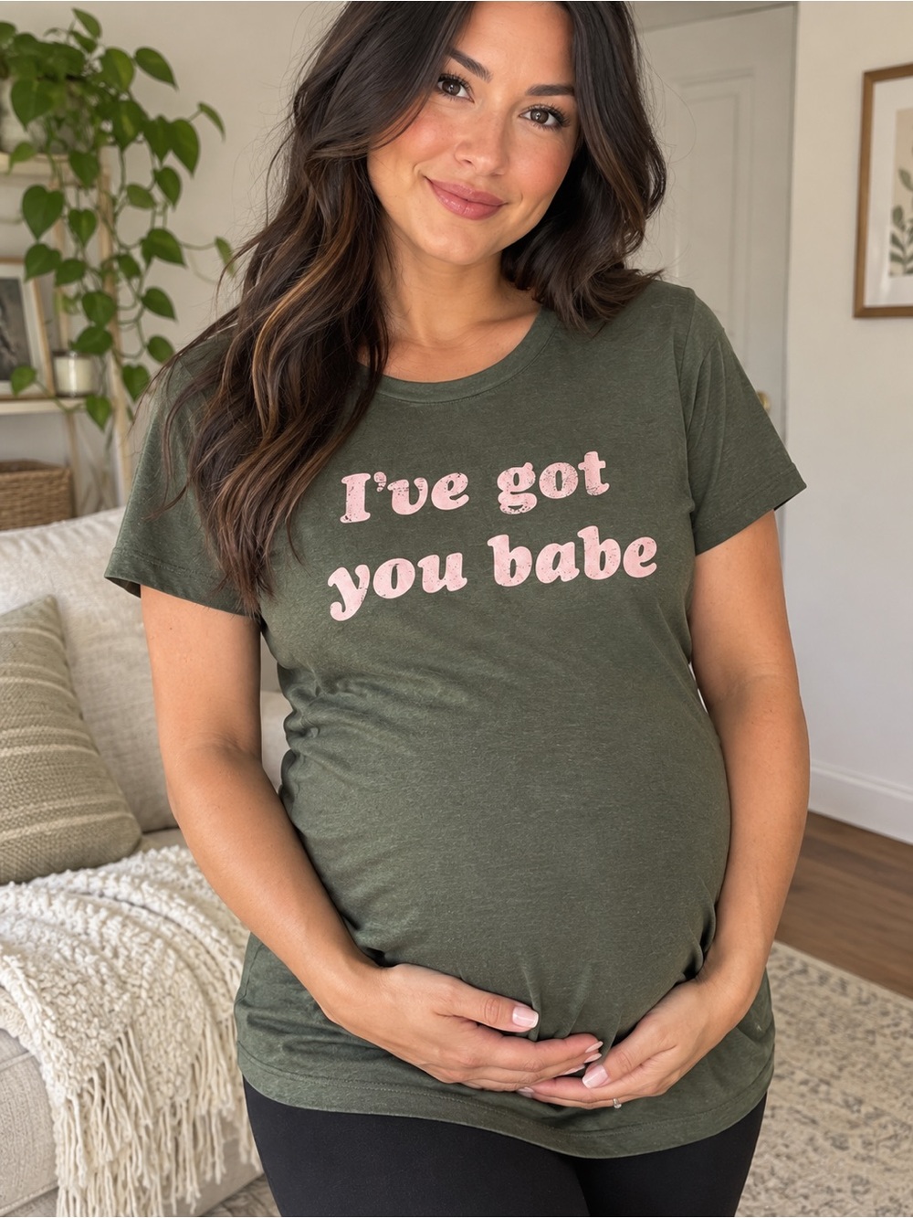 NWT Isabel Maternity Olive Green Tee with Pink Graphic Women’s size medium